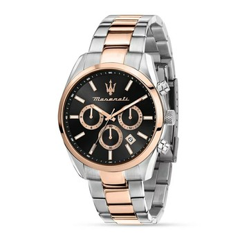 送禮首選★【Maserati 瑪莎拉蒂】Attrazione 極致吸引系列三眼手錶極綻黑霧銀色X玫瑰金色不鏽鋼鍊帶43MM/R8853151002  附提袋【全館滿額折價★APP下單點數4倍送】線上購買享_實體門市同步服務