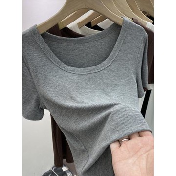 春夏灰色螺紋棉u領短袖t恤女大碼彈力遮肉顯瘦打底衫半袖針織上衣