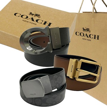 【COACH】經典LOGO男款3.5公分寬版皮帶附原廠禮盒紙袋(多色供選)
