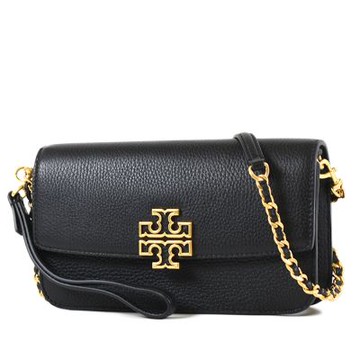 TORY BURCH 荔枝紋編織鍊帶翻蓋手拿/斜背二用WOC包-黑色