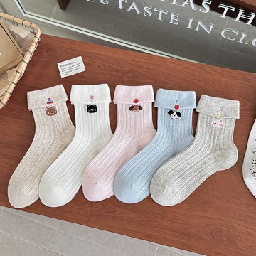 【桃園出貨】無骨不卡趾/減齡神仙細節 新款日系學院風刺繡動物中筒襪 女生夏季薄款可愛翻邊堆堆襪 翻邊堆堆襪老爹鞋神搭