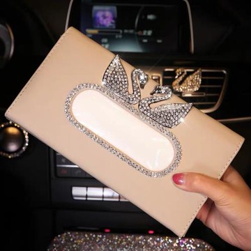 適用奔馳寶馬奧迪汽車真皮遮陽板紙巾盒高檔車內鑲鉆掛式抽紙盒女