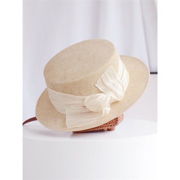 高端手工真絲麻夏天草帽法式假日風短檐平頂優雅禮帽遮陽防曬帽子