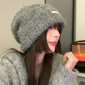 含羊毛秋冬毛線堆堆帽大頭圍百搭休閑冷帽保暖帽子情侶護耳針織帽