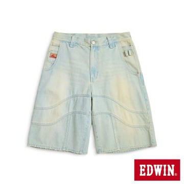 EDWIN 男裝 剪接丹寧短褲-重漂藍