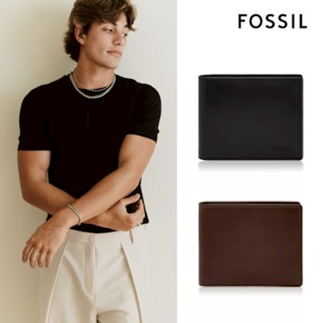 FOSSIL Derrick 真皮RFID雙折皮夾 (禮盒組附鐵盒，兩色可選)