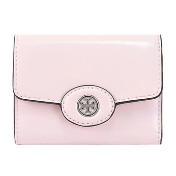 TORY BURCH 165003 品牌LOGO滑面皮革扣式三折短夾.淺粉