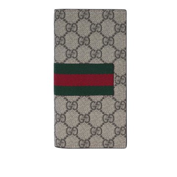 Gucci GG Supreme 塗層帆布及綠紅織帶二折長夾(米色烏木色)