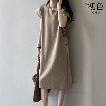 初色 日系簡約純色寬鬆中長款短袖連衣裙連身洋裝長洋裝-共2色-11218(F可選)