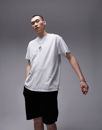 Topman oversized fit t-shirt with face embroidery in washed grey