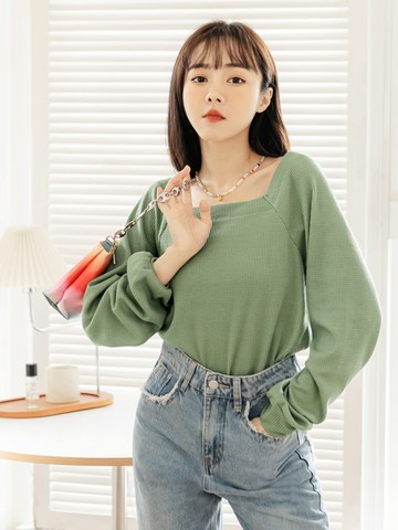 小V臉．純色華夫格方領拋袖上衣