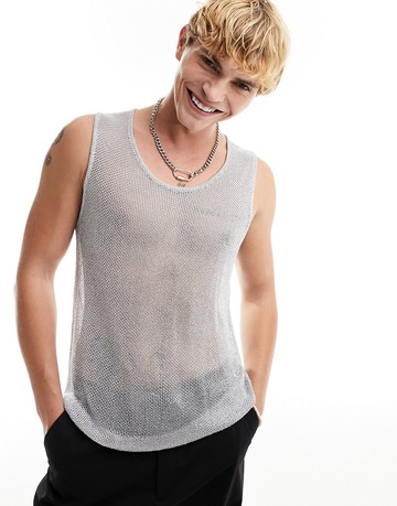 ASOS DESIGN knitted metallic mesh vest in silver