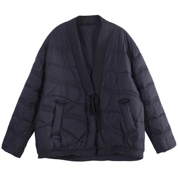 [米蘭精品] 真羽絨90%鴨絨羽絨外套羽絨衣夾克-條紋V領寬鬆繫帶防寒保暖女外套3色74dt29