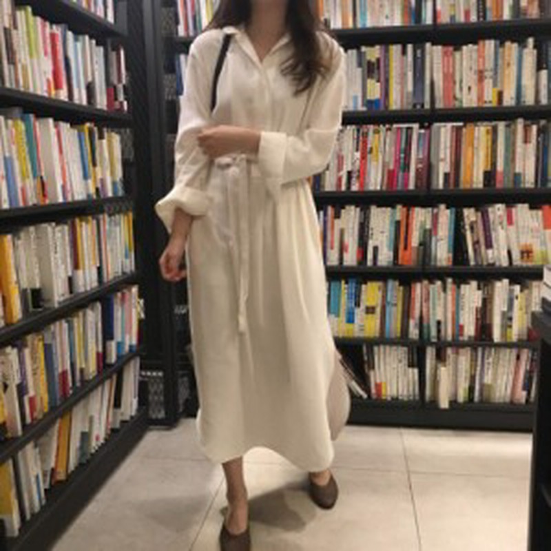 シャツワンピース 白ワンピース 無地 レディース 大きいサイズ 長袖 春服 通勤 ロング丈 Aラインワンピ ウエストリボン T 通販 Lineポイント最大1 0 Get Lineショッピング
