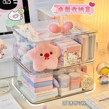 ✨限時搶購☜桃園出貨✨【清倉】桌面雜物收納盒ins風簡約透明帶蓋防塵置物架書桌文具盒