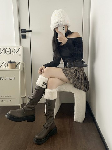 棕色顯瘦加絨法式厚底靴子女長筒靴2023新款秋冬季小個子復古長靴