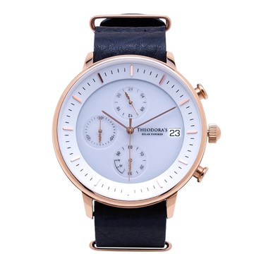 Mercury 太陽能金屬腕錶 三眼白-瘋馬皮精品紋深藍