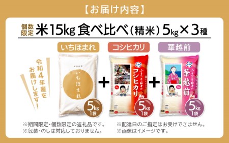 米15kg 3種食べ比べ！いちほまれ コシヒカリ ハナエチゼン 令和5年 福井県産 [e27-a025]