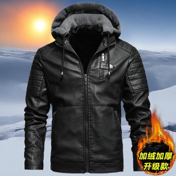 海寧皮毛一體男士皮衣加絨加厚帶帽子皮外套騎行皮夾克男冬季皮褂