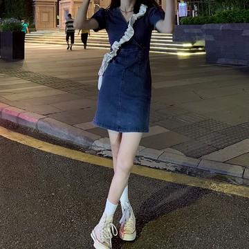 泡泡袖短袖牛仔連衣裙年新款夏季女裙子氣質收腰顯瘦a字短裙