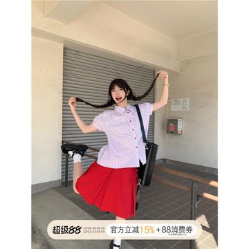 霍里德地圖2025新款女襯衫夏季紅色條紋蝴蝶結短袖泡泡袖襯衣上衣