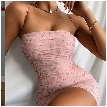 粉色碎花抹胸露背修身吊帶裙連衣裙女夏Pink Floral Sling Dress