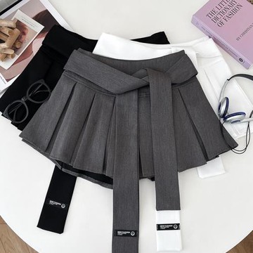 韓版休閑時尚百搭綁帶高腰顯瘦半身裙百褶裙防走光短裙a字裙女