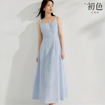 初色 法式純色方領無袖收腰連衣裙連身洋裝長洋裝-共2色-10210(M-2XL可選)