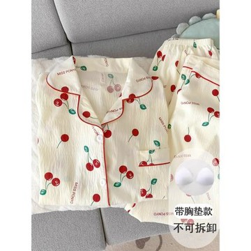 帶胸墊云朵純棉紗布睡衣女長袖春秋款套裝甜美櫻桃開衫家居服夏季