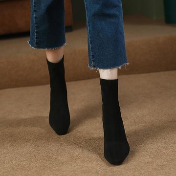 法式粗高跟短靴復古氣質絨面黑色百搭簡約襪靴女方頭彈力瘦瘦靴