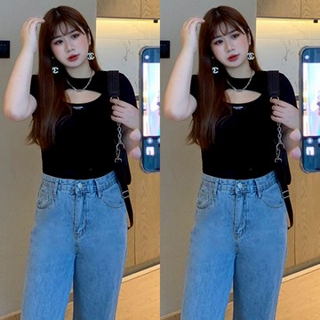 Chubchic✨105kg內穿 大碼上衣 大碼短袖 大碼女裝 胸前鏤空上衣夏女 氣質黑色短袖心機性感T恤