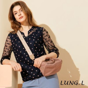 LUNG.L林佳樺 LW09A 深藍點點刺繡網布假兩件七分袖女裝上衣 LW09A