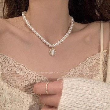 項鍊 珍珠項鍊 法式珍珠項鏈貓眼石ins高級設計氣質名媛頸鏈choker 項鍊女