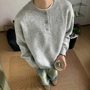 灰色美式亨利領毛衣男款冬季感慵懶風打底針織衫cleanfit純色外套鑫弘-衣錦男裝