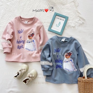 🌈✨mix1001 磨毛🔥禮服小兔貼布上衣✨兒童車縫緹花造型印字兔兔上衣 5-17