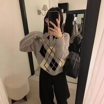 休閒格紋撞色針織上衣