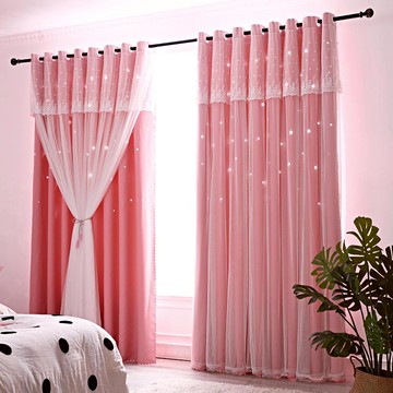 韓式抖音網紅款鏤空星星全遮光窗簾布紗一體臥室客廳飄窗雙層星空