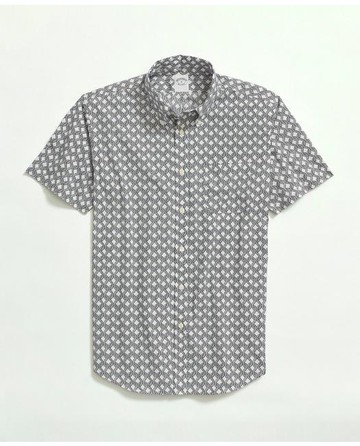 Brooks Brothers Men's Cotton Poplin Button-Down Collar, Rope Print Short-Sleeve Sport Shirt | White | Size XS