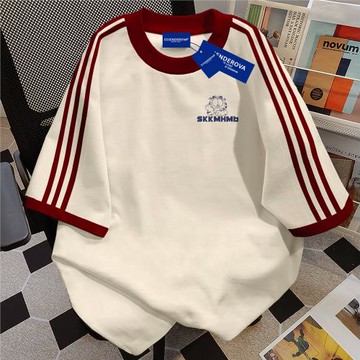 美式趣味動畫印花三條杠短袖T恤女純棉2025夏季拼色可愛內搭上衣