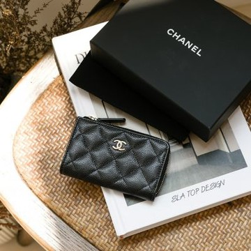 CHANEL香奈兒 25B 經典拉鍊鑰匙零錢包(黑/金)(L字拉鍊)