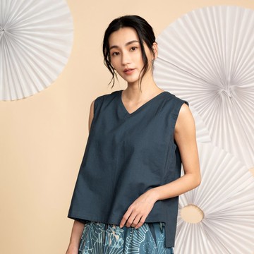 浮游V領無袖上衣_夜藍