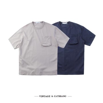 男款日系純棉24支高彈260g重磅立體貼袋復古純色寬松落肩短袖T恤