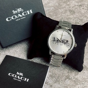 美國百分百【Coach】手錶 14503074 配件 馬車 女錶 大LOGO 不鏽鋼錶帶 銀色 BK92