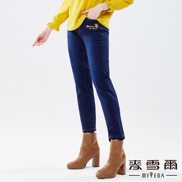 MYVEGA麥雪爾 高含棉字母織帶九分牛仔褲-藍