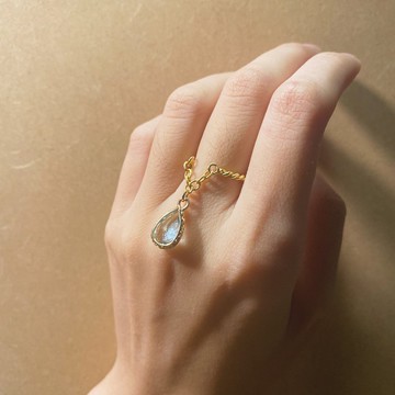 天藍水滴黃銅麻花鍊戒