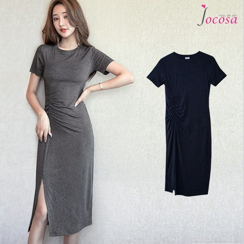 フロントギャザースリットワンピース レディース 春夏秋冬 新作 半袖 膝下 ｔシャツ 無地 切替 韓国風 韓流 ブラック 黒 ダークグレー Sml Jocosa 42 通販 Lineポイント最大get Lineショッピング