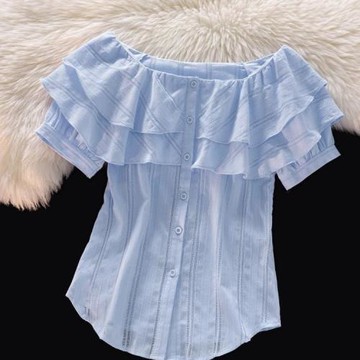 法式絕美一字肩荷葉邊襯衣女2025夏季修身百搭甜美顯瘦襯衫上衣