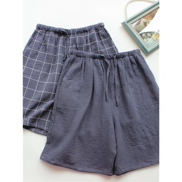 夏季男短褲純棉五分褲薄款雙層紗布女士家居褲縐布格子情侶泡泡棉