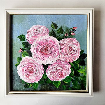 粉紅玫瑰壓克力畫原創藝術品厚塗花卉畫