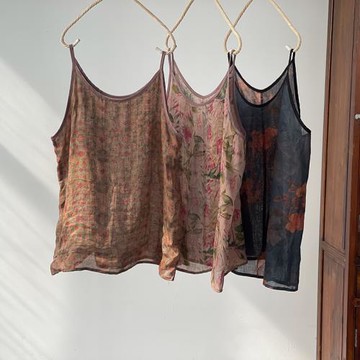 絢吅爛/夏季印花薄苧麻文藝復古上衣女 原創寬松大碼外穿內搭吊帶